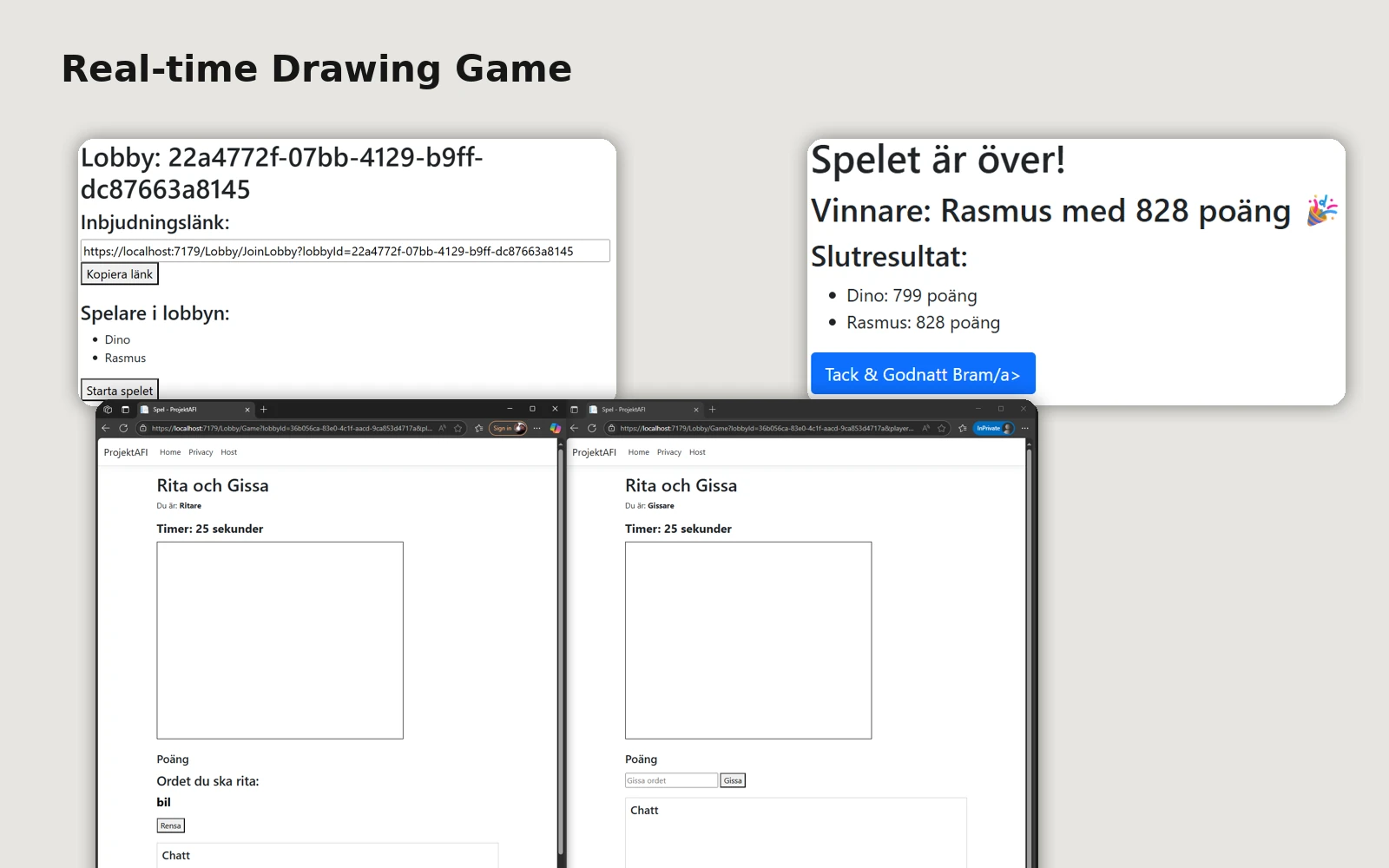 Lobby, gameplay och resultat från Real-time Drawing Game