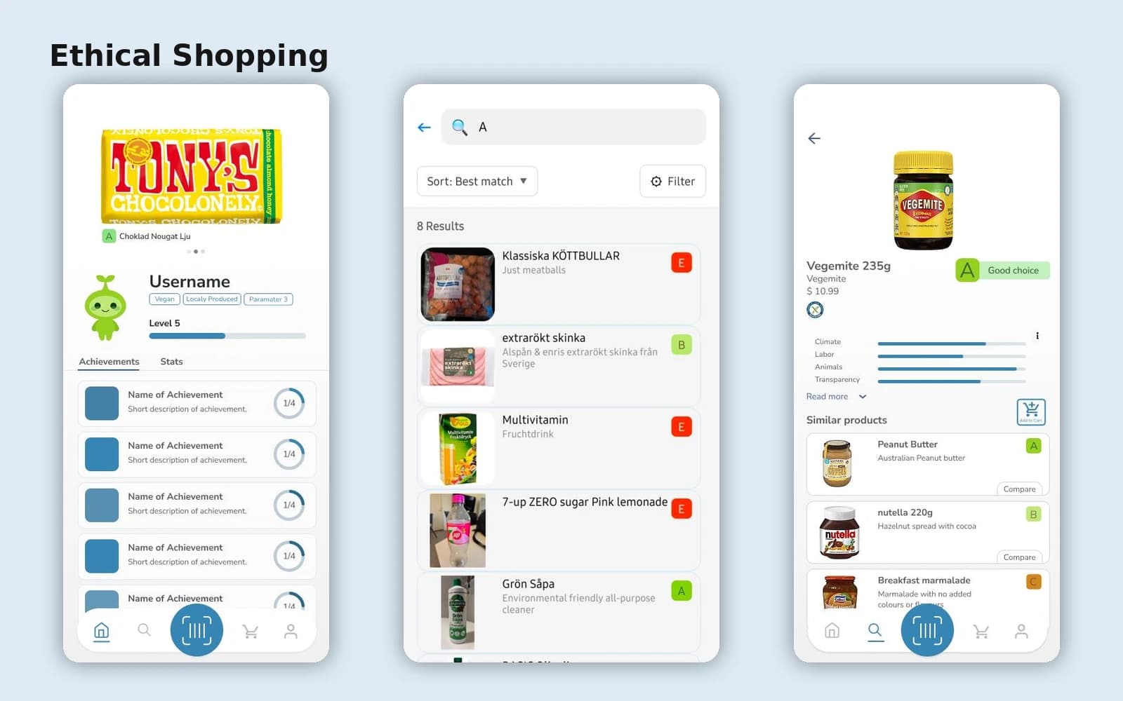 Utvalda skärmar från Ethical Shopping-appen